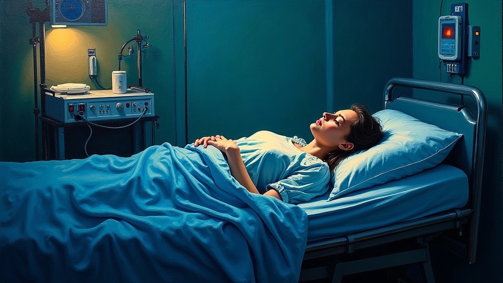 A woman lying unconscious in a hospital bed, surrounded by medical equipment and dim lights, as doctors prepare to induce a coma. The scene is clinical and sterile, with a sense of life hanging by a thread.