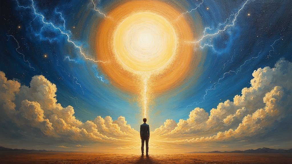 A vast cosmic entity outlined against projections of Earth and the Milky Way galaxy, with plumes of blue electrical discharge like lightning in a thundercloud, so large it appears galaxy-sized and lumpy, while a man's soul floats before it stripped down to its essence, experiencing absolute recognition and connection.