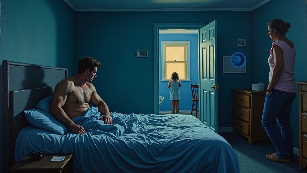 A man sitting on the edge of a bed in a basement bedroom, his face drained of color, lips turning purple, as his wife stands beside him and his daughter stands in the doorway five feet away. His muscles are contracting, he's struggling for breath, and a round gray-bordered tunnel has appeared floating in the air next to his daughter.