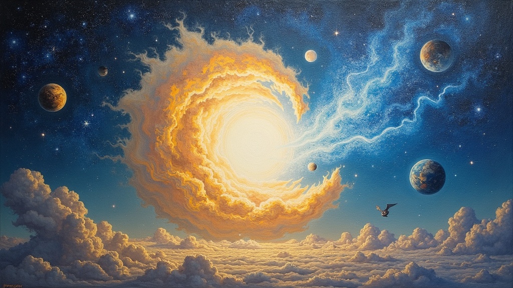A massive, galaxy-sized entity outlined against projections of planet Earth and the Milky Way. The entity appears lumpy with plumes of blue electrical discharge, like a thundercloud lighting up at night. The entity radiates absolute intelligence and is connected to everything in the universe.
