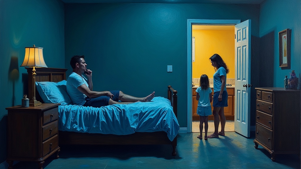 A man sitting on the edge of a bed in a basement bedroom, his face pale, lips turning purple, as his wife stands beside him holding a phone. His muscles are contracting, squeezing the air from his lungs. His oldest daughter stands in the doorway, 5 feet in front of him.