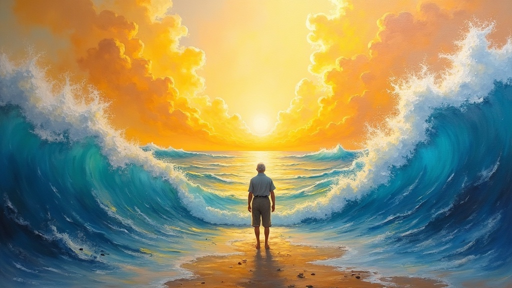 A sea of loving souls floating in brightness with classical music waves, a sky with no actual sun, an older grandfather figure standing in a mauve dimension with light airy ground but no floor