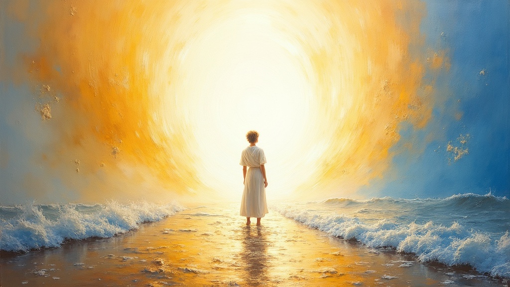 A consciousness stands in pure white light with gold around the edges, the brightest and most loving light imaginable, conversing with a being of infinite energy while feeling completely at home, reunited with the source of all existence like a grain of sand returned to the beach.