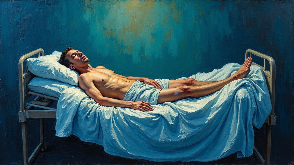 A young man lies broken in an ICU bed in 1970, his body destroyed by a motorcycle wreck, steel holding his femur together, his wrist pushed up under the skin near his elbow, three hours after the accident as he enters a coma.