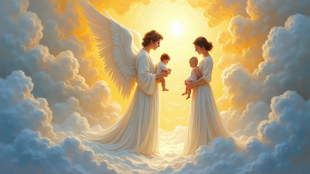 A radiant angel in white brighter than snow stands before a mother holding a perfect baby boy, the angel's arms outstretched gently to receive the child, surrounded by spiraling light and other angels