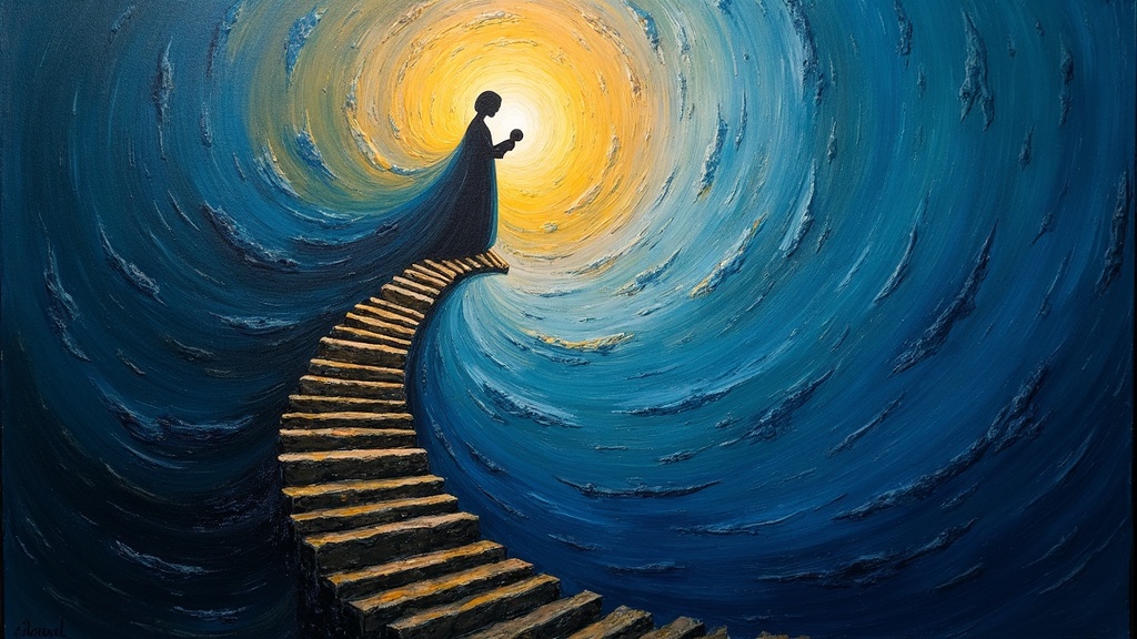 A mother in childbirth, her body still, as her soul begins to rise holding a newborn baby, the beginning of a luminous spiral staircase appearing above them