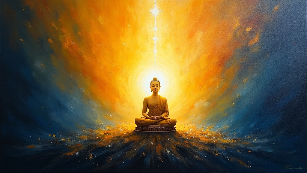 A point of awareness floats in brilliant, all-encompassing light. The light comes from everywhere and from within. A luminous being sits cross-legged like a Buddha figure, cradling this awareness like an infant, radiating the message: you are so loved.