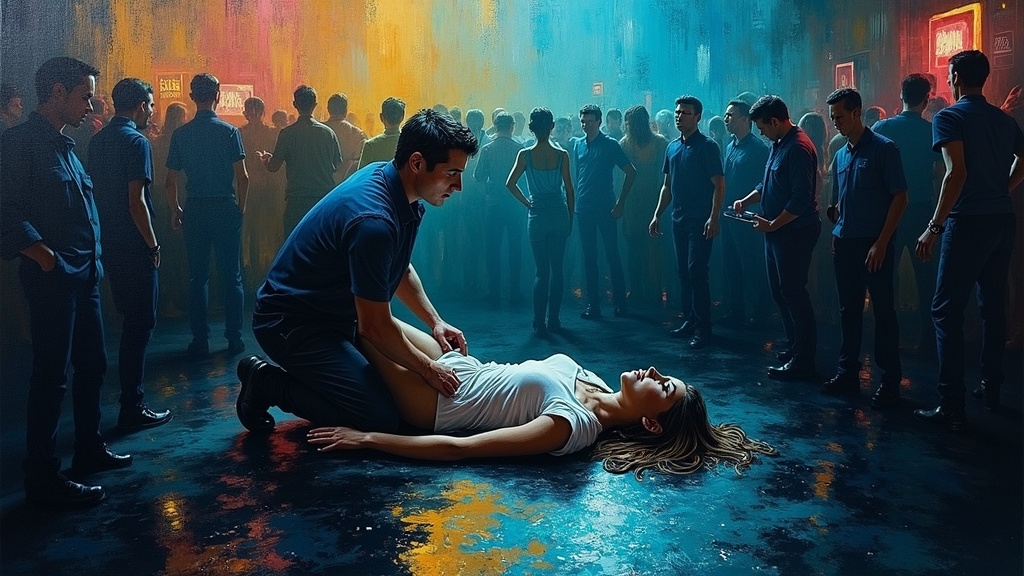 A young woman collapses on a crowded nightclub floor in Manhattan, surrounded by a wall of concerned faces, as a bartender performs CPR. The scene is chaotic, with spilled water pooling around her body.