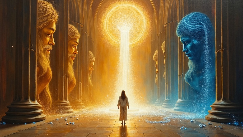 A woman in pajamas stands in a vast cathedral with 60-foot sandstone floors and towering stained glass windows, facing three massive beings made of swirling energy with light cascading like waterfalls into their heads, holding a glowing box filled with thousands of tiny orbs of light.