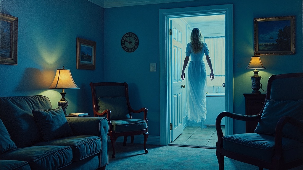 A woman's translucent form floats near the ceiling of a living room near the front door at night, looking down at paramedics running through the house toward a bathroom where her lifeless body lies.