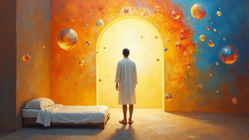 A man in a white tunic stands in a luminous room with walls made of light, facing an empty bed, while colorful globes of light spiral and dissolve before him, forming a circle of his life's memories passing before his eyes