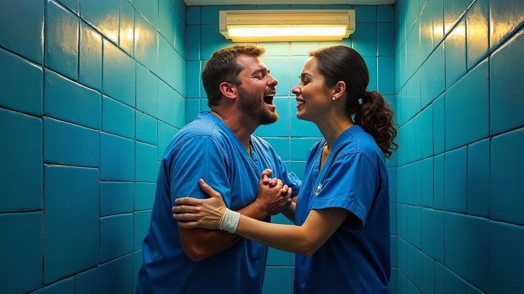 A man in a blue hospital gown collapses in a bathroom, supported by a nurse in medical scrubs, his face contorted in pain as he grips her arm tightly, fluorescent hospital lights overhead