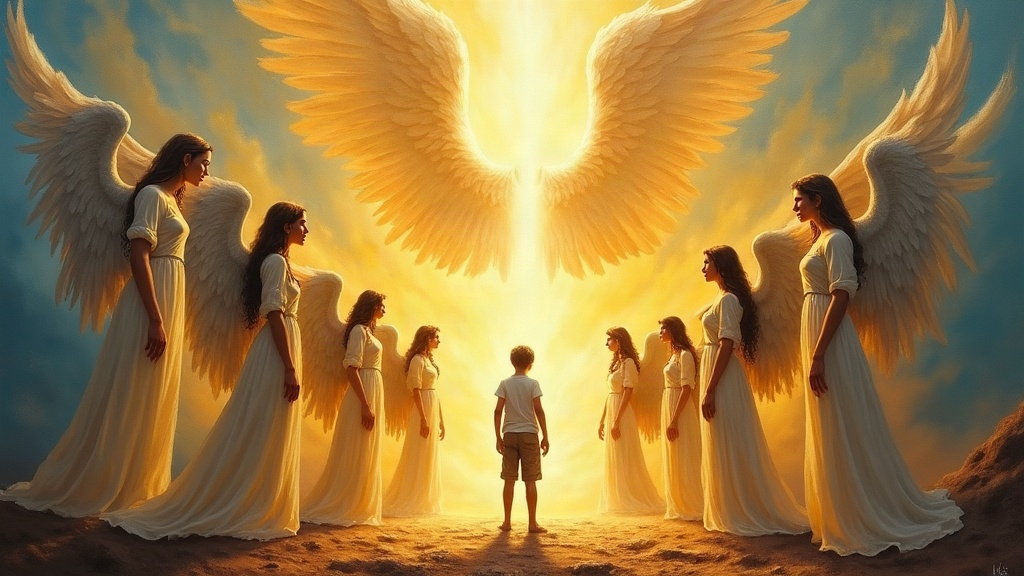 Seven enormous 14-foot-tall female angels with huge wings standing around a glowing holographic table of light, reviewing a teenage boy's life as his grandfather Russell watches nearby, all bathed in radiant celestial illumination