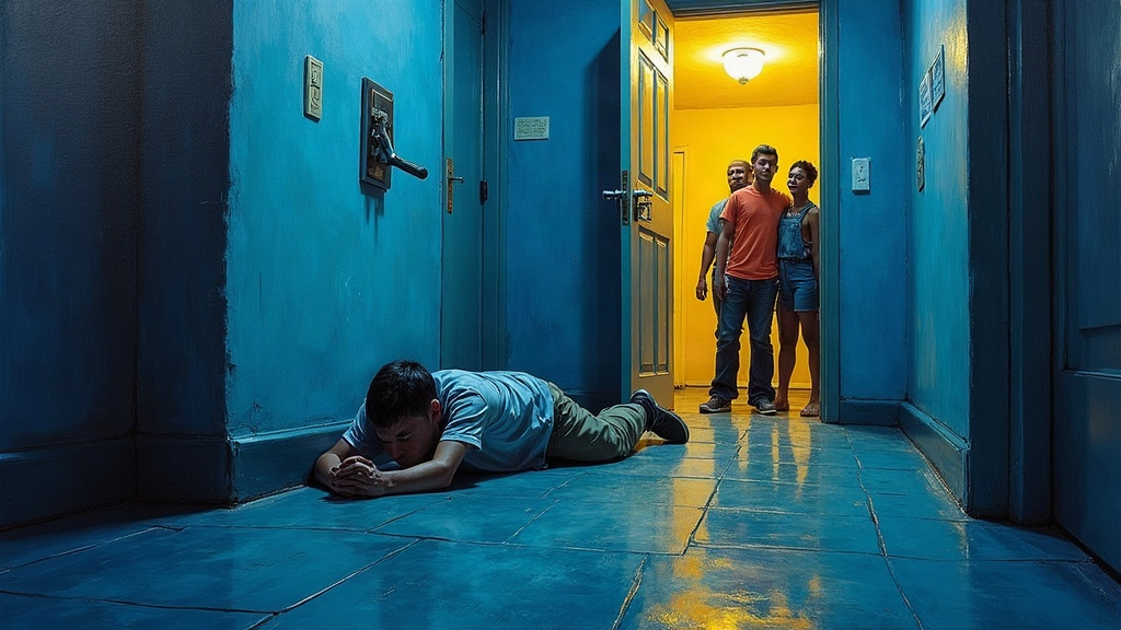 A 16-year-old boy unconscious on a hotel bathroom floor, his body in cardiac arrest after severe alcohol overdose at a high school party, surrounded by concerned friends in the doorway
