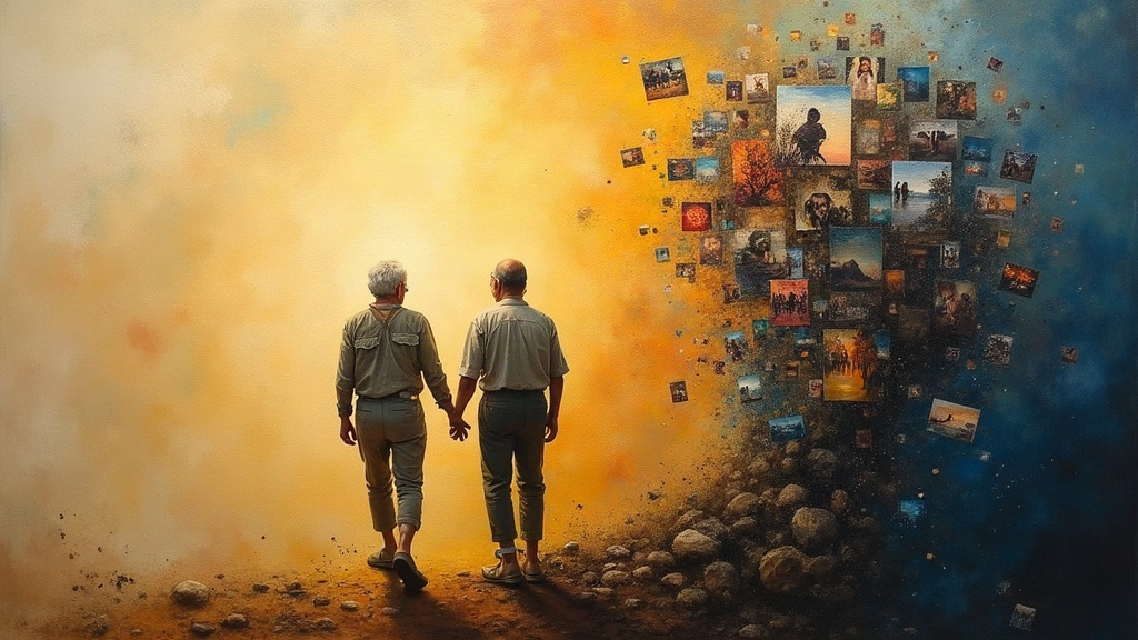 Two old men with kind, weathered faces step out of a palpable, moldable atmosphere that glows with soft light. Behind them, images from a life swirl in 360 degrees, not in sequence but all at once, like a sphere of memories and emotions happening simultaneously. A young woman's form, without a physical body, recognizes them with joy.