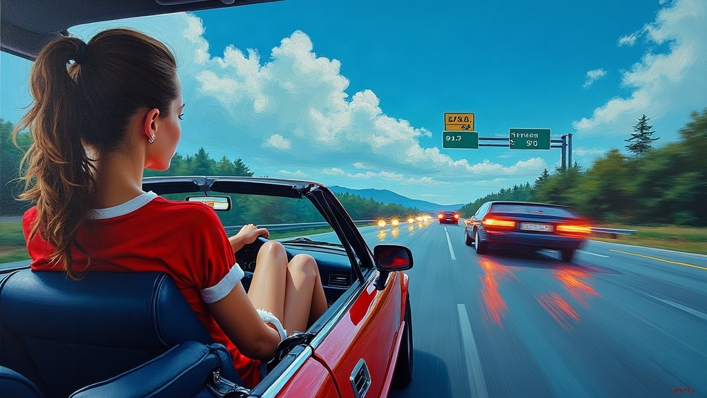 A young woman in bright red Bermuda shorts and Santa Claus t-shirt sits in a small Toyota Corolla at a traffic intersection on a multi-lane highway. A car barrels toward her driver's side at high speed. Time has slowed to a crawl, cars barely moving, as she hovers slightly above her body, watching the scene unfold from outside herself.