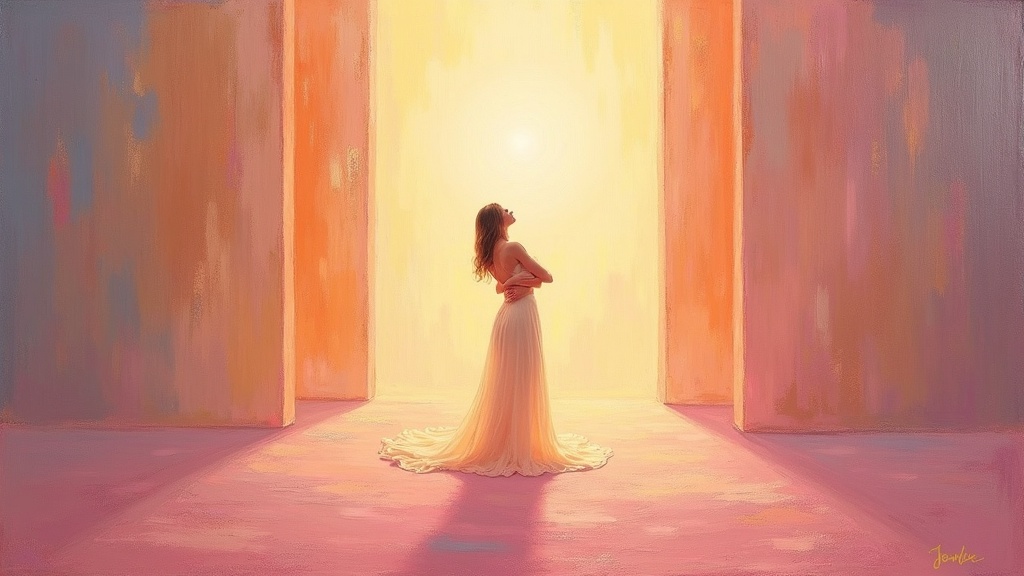 A luminescent pinkish space without walls, just infinite mass and opening, with a figure being held in an embrace by divine presence, surrounded by soft ethereal light
