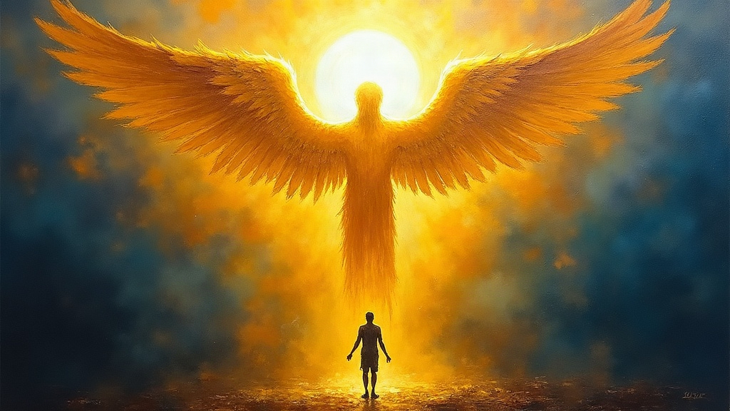 A towering golden angel shaped like a luminous halo emerging from an intense bright light, extending toward a man trapped in dark shadows, with spears of light piercing through the darkness