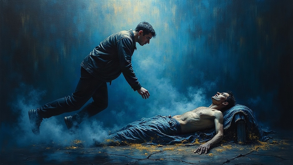 A man hovering over his dying body in a dark room, being pulled into dense tangled shadows that grab at him like cold black sticky fire while vapor waves rise from his body below