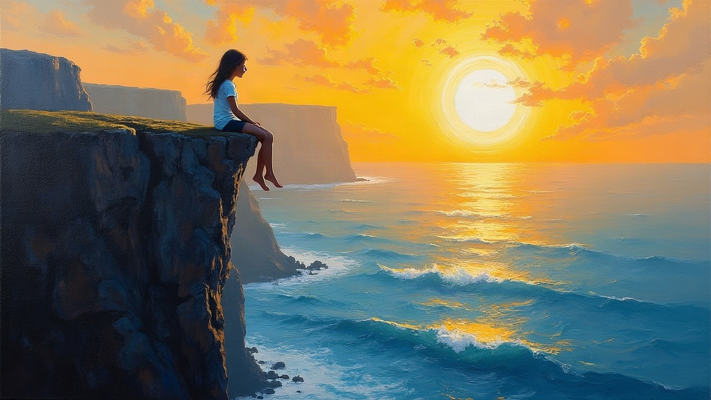 A young girl sitting on the edge of a tall cliff resembling the Cliffs of Moher with her feet dangling over an endless ocean, watching a bright pulsing orb of white and colorful living light like a sunset, with shadowy spirit beings without bodies waiting below the cliff near the water
