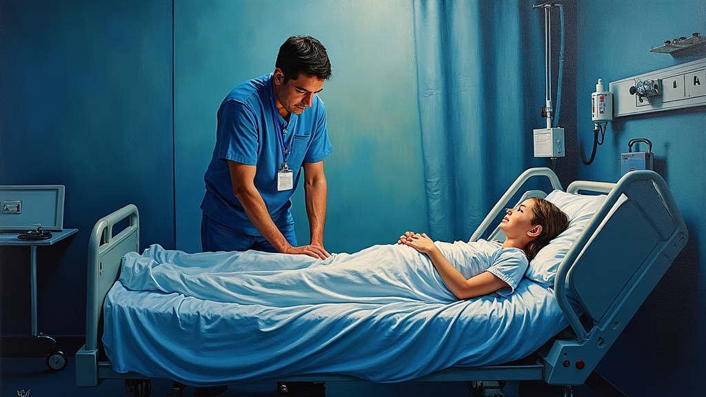 A ten-year-old girl lying on a hospital bed in the ICU, a large man performing CPR compressions on her chest while her father stands outside the room jumping up and down in distress, nurses trying to help him, her mother crying nearby