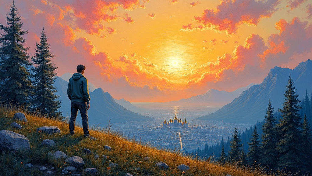 A man standing on a hill covered in bluish-green grass, looking down at a vast city in a valley with large gold domes and white spires, with pine-covered mountains behind it and a stunning sunset of reds, oranges, yellows, purples, and blues above, while glowing white light tubes fly through the air and burst into hundreds of tiny light streaks when they hit the trees.