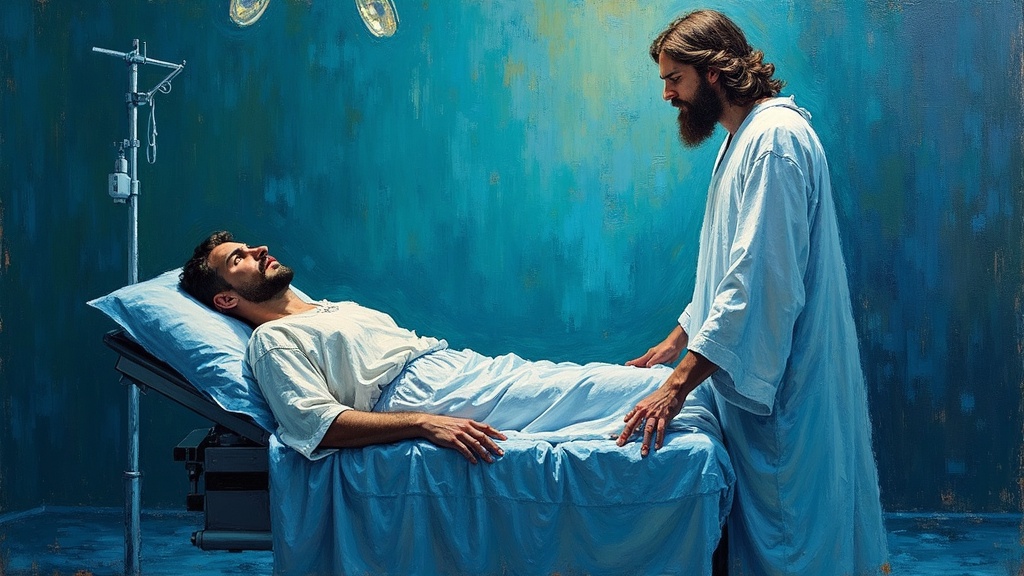 A man lying on a small surgical table in a freezing operating room, looking to his right where Jesus stands in a white robe with dark greenish blue eyes, while everything else in the room fades away.