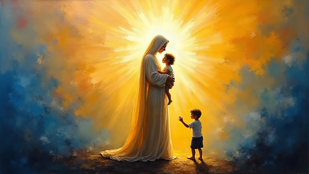 A magnificent being of light appearing as Mary, radiating enormous love and compassion, holding a small child close in a space of powerful but not blinding light where the child feels completely at home and part of the light itself.