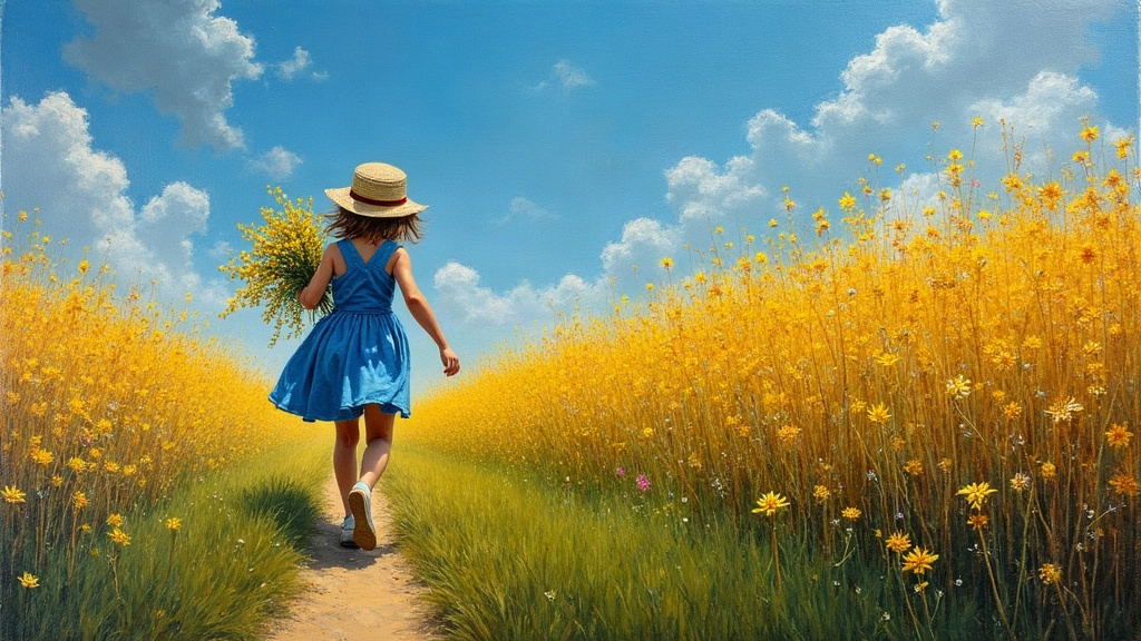 A seven-year-old girl running downhill through a French meadow in July 1952, arms full of wildflowers, entering a towering wheat field where a viper waits hidden in the golden stalks.