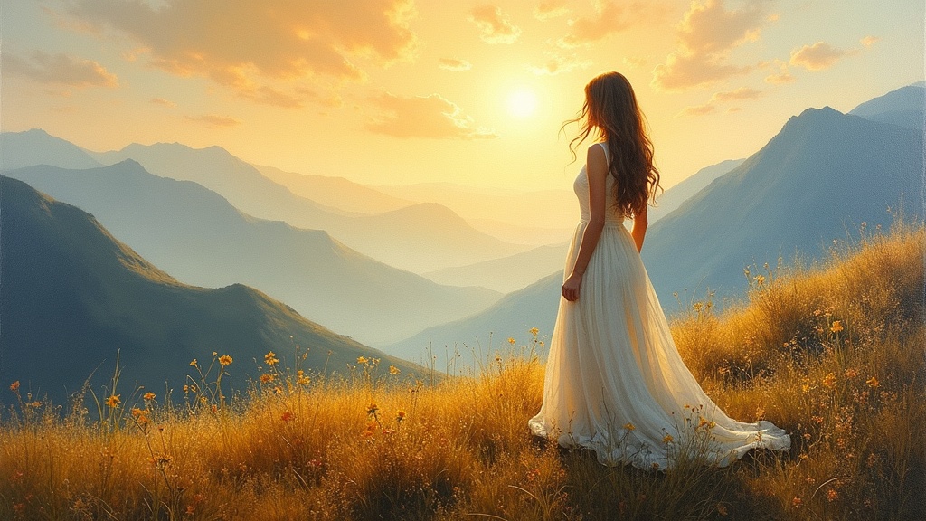 A woman standing on a sunlit hillside meadow with low grass and wildflowers, looking out over rolling mountain ranges, bathed in waves of peace and unconditional love, an ethereal female figure with long hair materializing from fog beside her