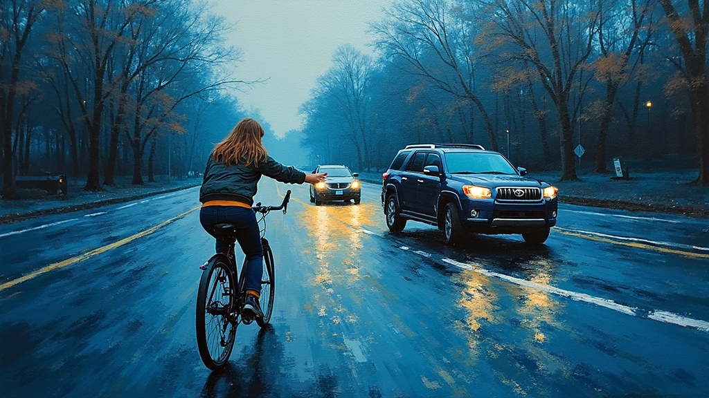 A woman on a bicycle in a traffic circle, an SUV speeding toward her, the cyclist's hand reaching out instinctively as she realizes the vehicle isn't stopping
