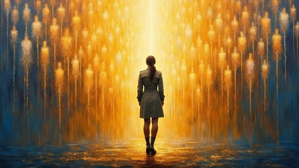 A woman in military uniform standing on a small stage surrounded by thousands of luminous human-shaped beings made of light, information flowing between them conceptually in a vast space