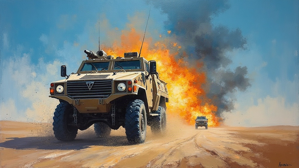 An armored military vehicle on a desert road in Iraq, dust and debris suspended in mid-air around it as an explosion erupts underneath, the moment frozen in time