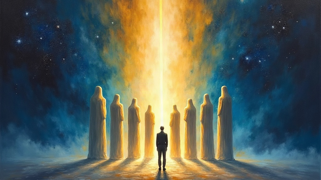 Six tall luminous beings, approximately 11 feet tall, standing before a 15-foot doorway floating in space surrounded by darkness and distant stars, their edges glowing brilliant white light emanating into peaceful blue, their centers dark from overwhelming energy, one masculine figure standing forward.