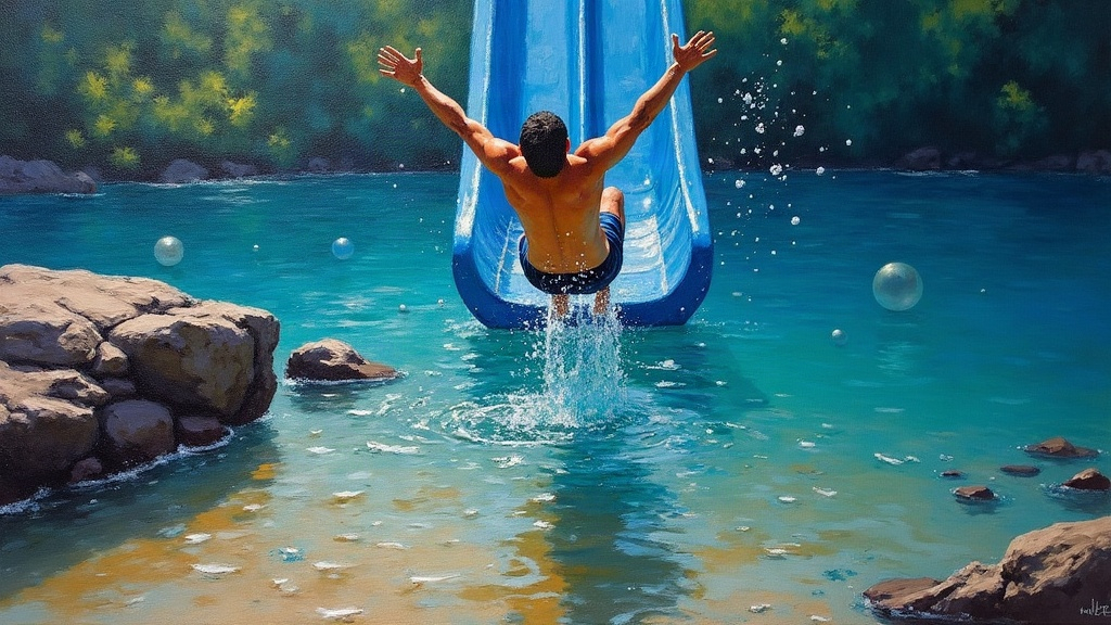 A man diving headfirst from a blue plastic water slide into shallow lake water, arms swept back, about to impact the sandy rocky bottom in only two feet of water, orbs of light floating nearby like basketballs.