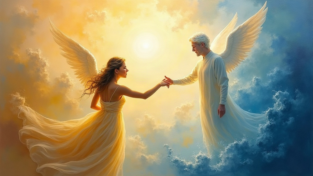 A translucent angelic figure with male qualities, appearing like Casper the Friendly Ghost, reaching down to take the hand of a young woman surrounded by streams of brilliant white light that cocoon her in waves of comfort and peace