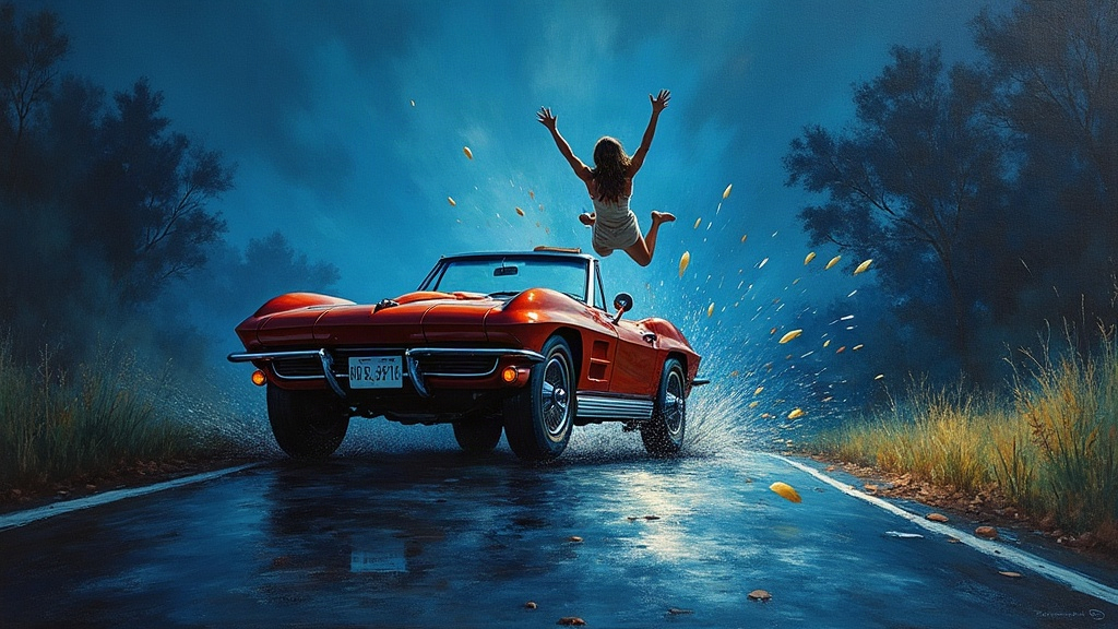 A 1965 Corvette convertible flipping over after hitting a boulder on a dark road, a young woman being ejected through the windshield into the night air, frozen in mid-flight as brilliant white light begins to surround her