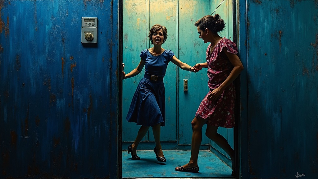 A woman collapses in a 1960s elevator in London, another woman rushing to help her as the elevator jerks to a stop, pain intensifying.