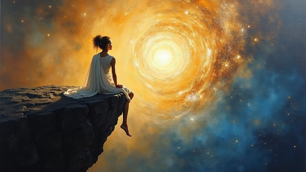 A young girl sitting on a large flat black rock in space next to a majestic figure in a white robe with golden light emanating from him, her knees dangling over the edge into a forming nebula below, both looking out at a book appearing in traces of golden energy.