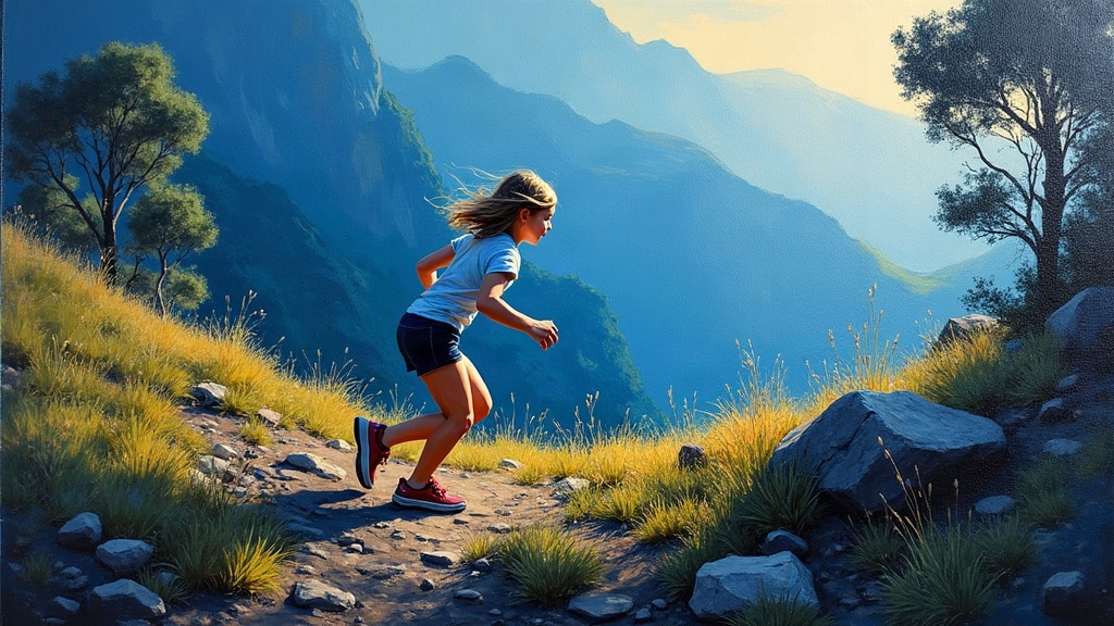 An 11-year-old girl running down a hillside in the Mount Macedon Ranges of Australia, tripping on a rock, flinging herself backward toward the ground, her body about to strike stone.