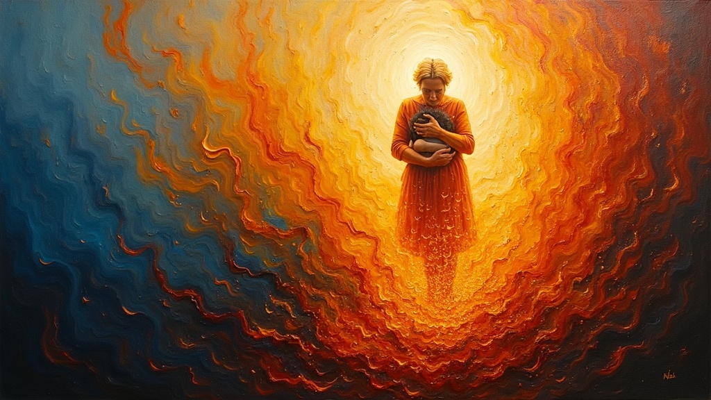 A grandmother made of living flame with orange hair like fire, holding her granddaughter against her chest in an expanse of light, while shards of darkness spin away, unable to penetrate the circle of her protective energy.