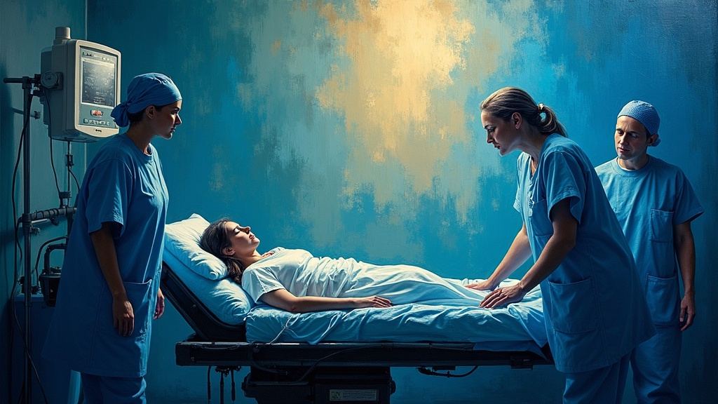 A nurse lying on a hospital gurney in a trauma bay, medical team intubating her while her spirit hovers above, watching the scene with detached curiosity, not yet realizing the dying woman is herself.