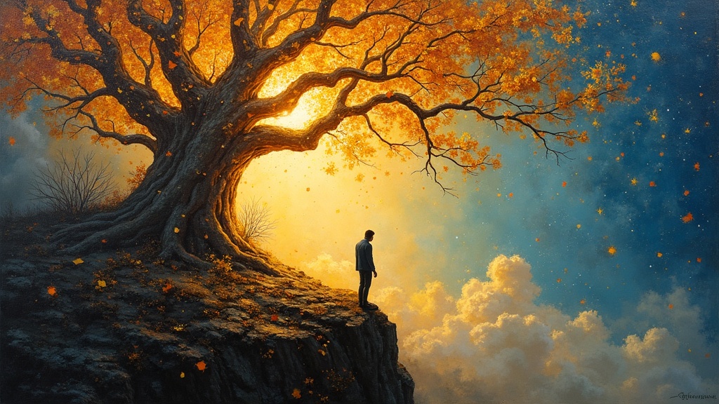 Peter Anthony sitting in an enormous tree in a stratosphere beyond Earth, surrounded by golden fragments of energy like fire embers floating all around him, while an advanced being shows him a panoramic life review displaying every moment of his existence simultaneously like a matrix.