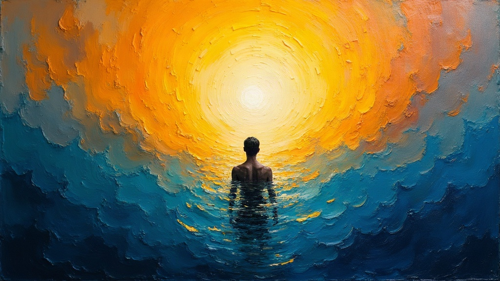 A brilliant light surrounding a drowning man, not like a sunset but beyond description, with 360-degree awareness radiating outward as an overwhelming presence of love fills the space