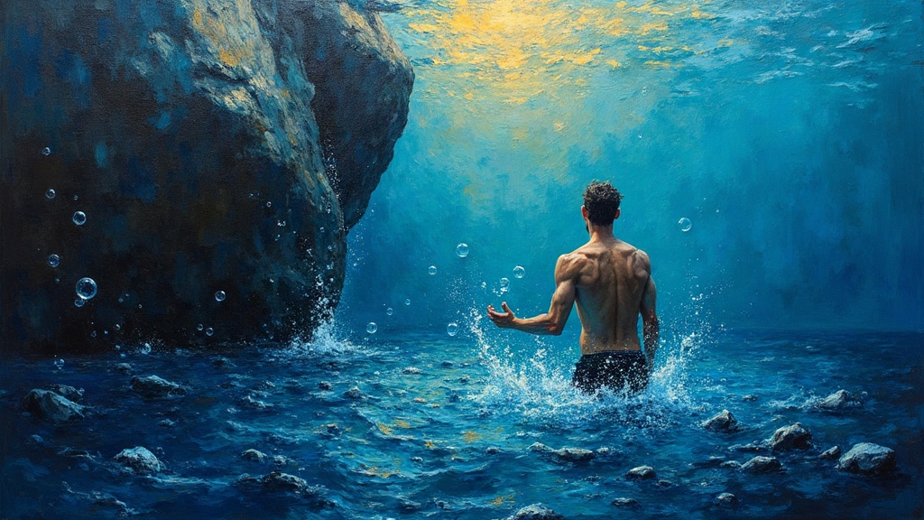 A man trapped underwater at the bottom of a river near a huge boulder, bubbles suspended motionless around him, his hand moving through the frozen water in an impossible calm