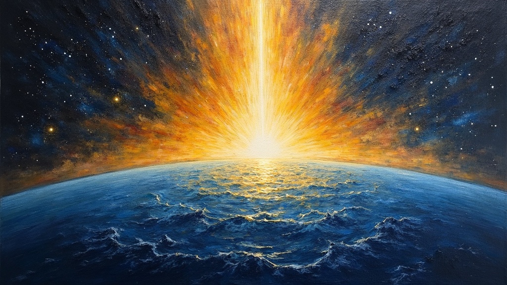 A vast dark space where a pinprick of light in the far distance rushes forward at impossible speed, becoming a waterfall of light made of starlight and colors never seen before, with a golden radiance inside every human being visible across the Earth below.