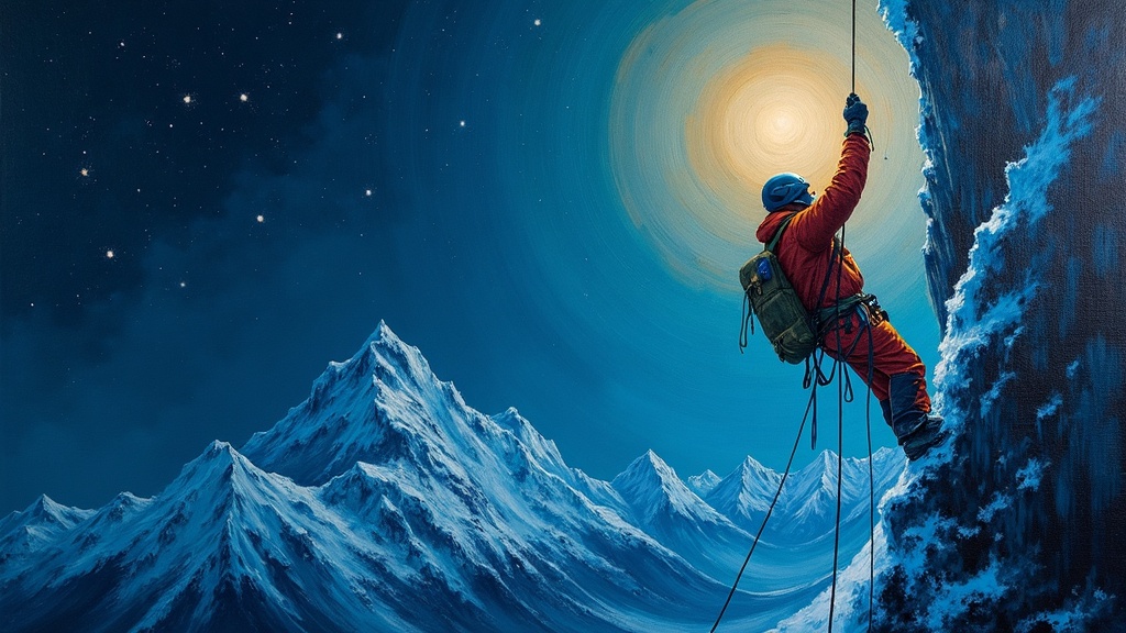 A young man in climbing gear hanging from a rope on a frozen cliff face at night, surrounded by darkness, stars overhead, mountains in the distance, his body shutting down from hypothermia.