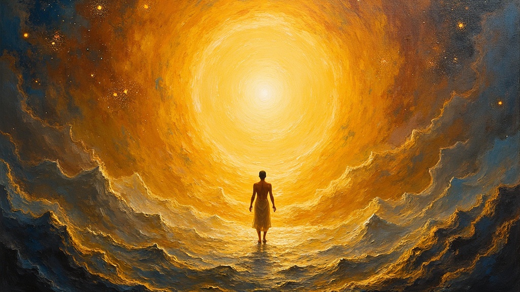 A translucent figure floats on waves of golden energy in a vast amphitheater with no sky or stars, facing an enormous pulsing golden sphere radiating love, with billions of sparks shooting out in all directions and other sparks floating in from the distance, all honing toward the vibrational beacon calling them home.