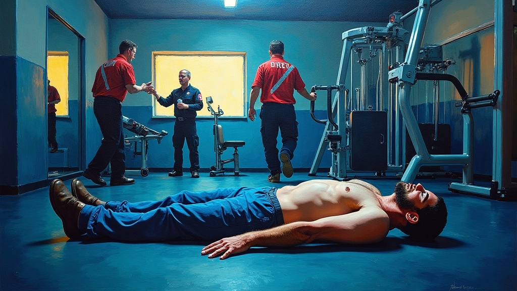 A man collapses on the floor of a fitness center next to an arm curl machine, his forearms tingling, as EMTs and hospital staff rush toward him with a defibrillator.