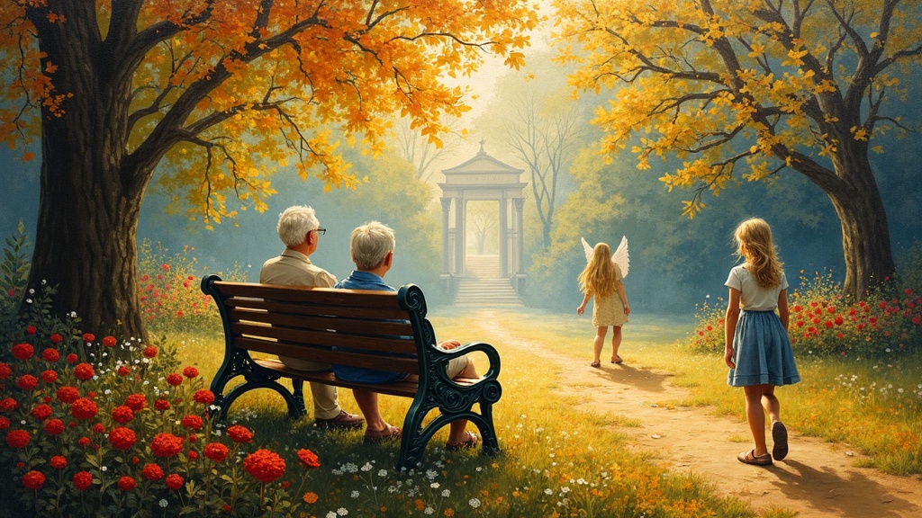 A park bench in a garden of perfect flowers and trees, two elderly people sitting on it turning around, a teenage boy approaching them, an angelic being with long blonde hair drifting away in the background, golden gates visible in the distance, everything bathed in overwhelming light.
